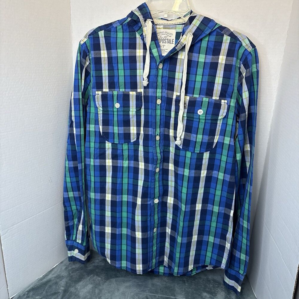 Aeropostale Men's Hooded Blue & Green Plaid Shirt Size Small Dog Logo Grunge
